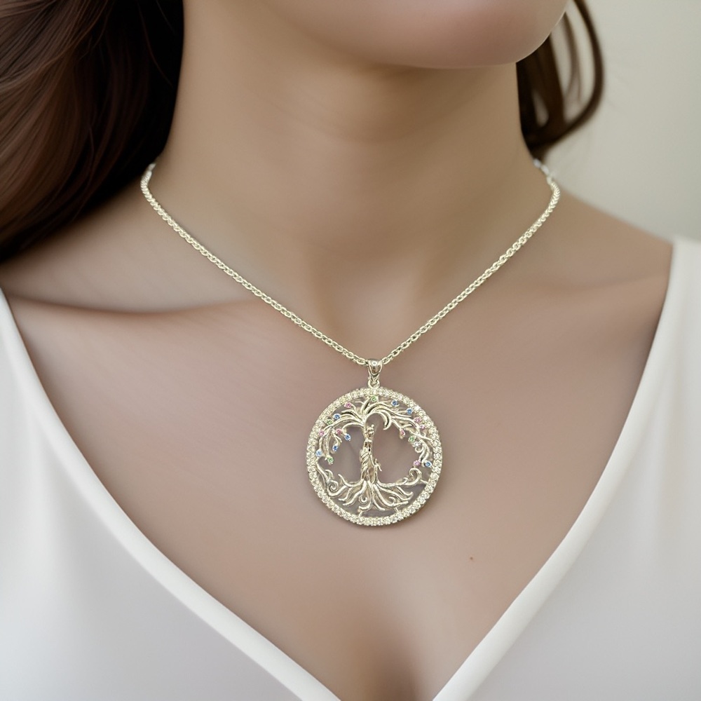 Mother & Child Tree of Life  w/ Crystal Gems Pendant Sterling Silver Nec…